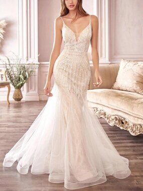 Off White Tulle Chantilly Lace Beaded Sequin Mermaid Wedding Dress 4